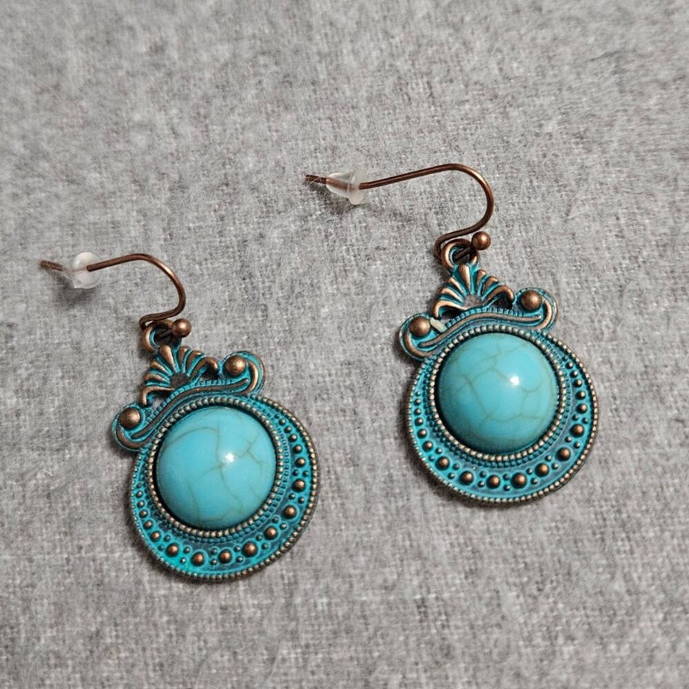 Boutique Antiqued Teal Patina Copper-Tone Earrings w/ Faux Turquoise Stones